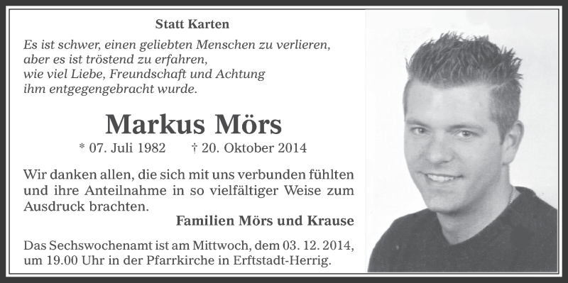  Traueranzeige für Markus Mörs vom 19.11.2014 aus  Werbepost 