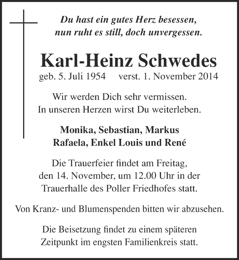  Traueranzeige für Karl-Heinz Schwedes vom 12.11.2014 aus  Kölner Wochenspiegel 