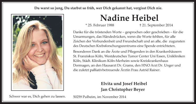  Traueranzeige für Nadine Heibel vom 12.11.2014 aus  Wochenende 
