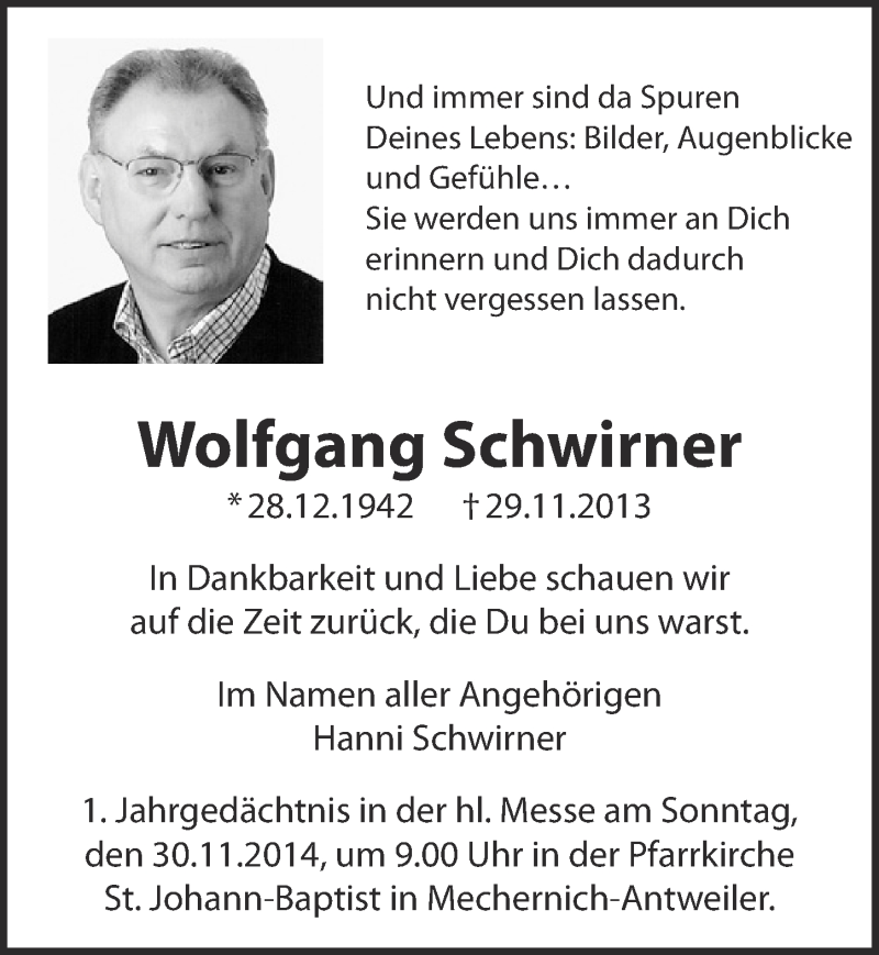  Traueranzeige für Wolfgang Schwirner vom 23.11.2014 aus  Blickpunkt Euskirchen 
