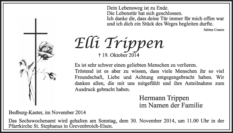  Traueranzeige für Elli Trippen vom 22.11.2014 aus  Sonntags-Post 