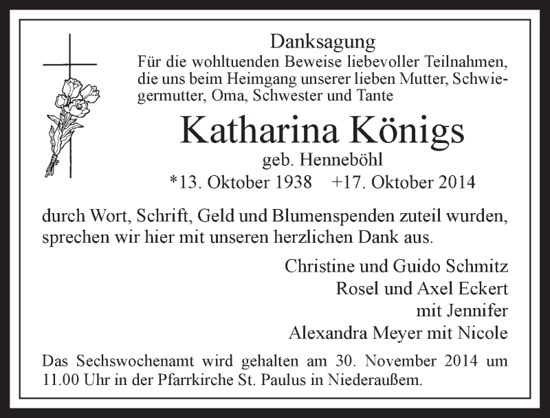  Traueranzeige für Katharina Königs vom 19.11.2014 aus  Werbepost 
