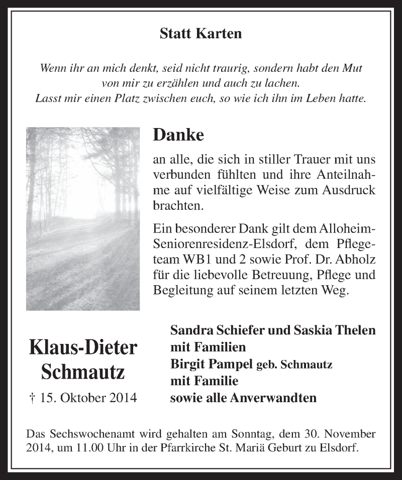  Traueranzeige für Klaus-Dieter Schmautz vom 26.11.2014 aus  Werbepost 