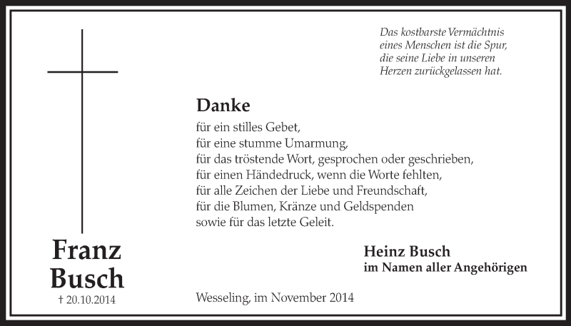  Traueranzeige für Franz Busch vom 19.11.2014 aus  Schlossbote/Werbekurier 