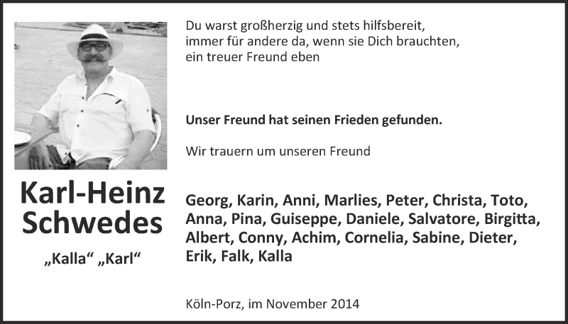  Traueranzeige für Karl-Heinz Schwedes vom 19.11.2014 aus  Kölner Wochenspiegel 