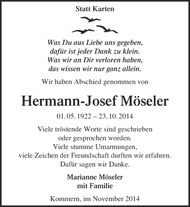  Traueranzeige für Hermann-Josef Möseler vom 23.11.2014 aus  Blickpunkt Euskirchen 