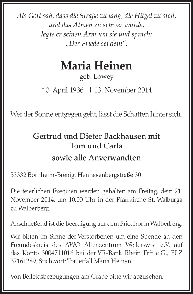  Traueranzeige für Maria Heinen vom 19.11.2014 aus  Schlossbote/Werbekurier 