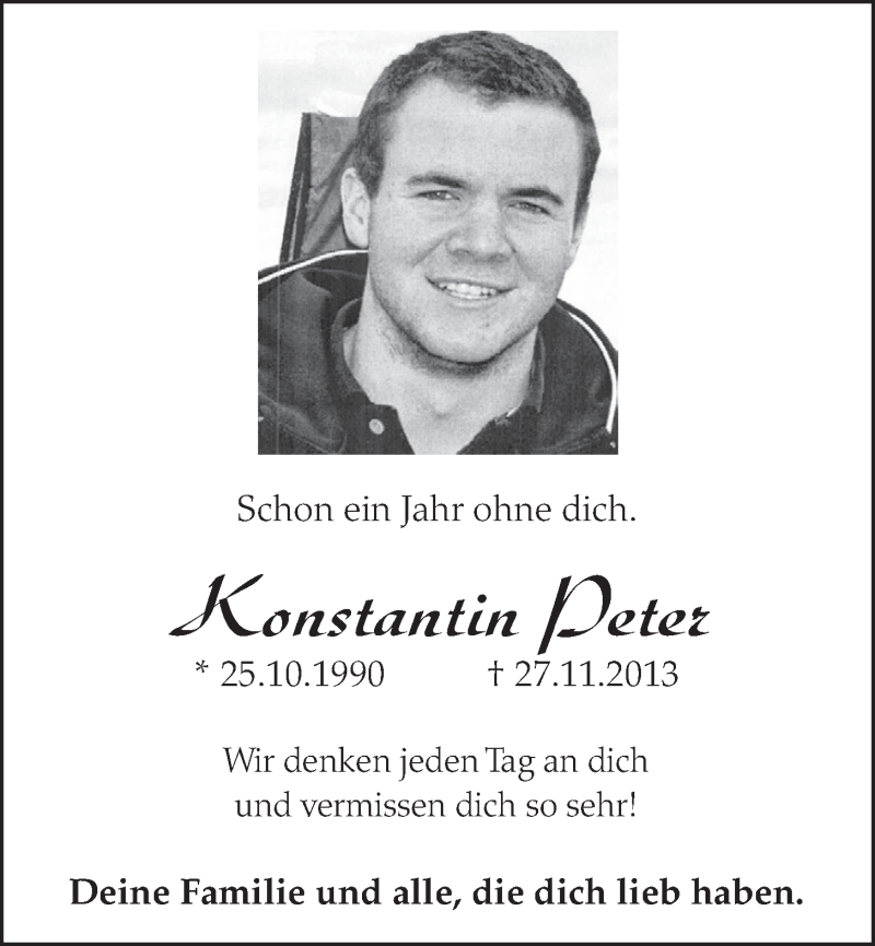  Traueranzeige für Konstantin Peter vom 26.11.2014 aus  Schlossbote/Werbekurier 