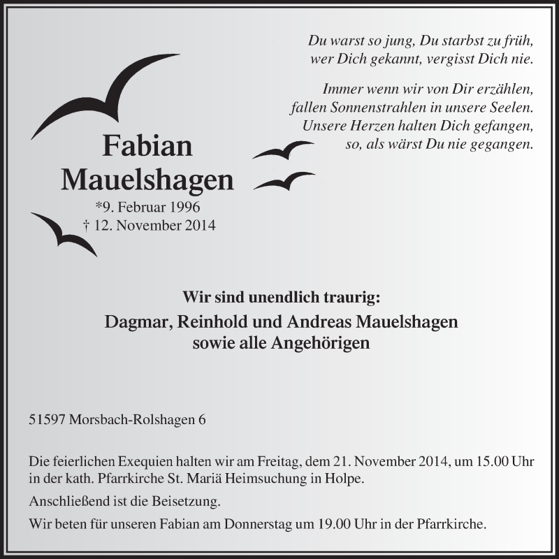 Traueranzeige für Fabian Mauelshagen vom 19.11.2014 aus  Lokalanzeiger 