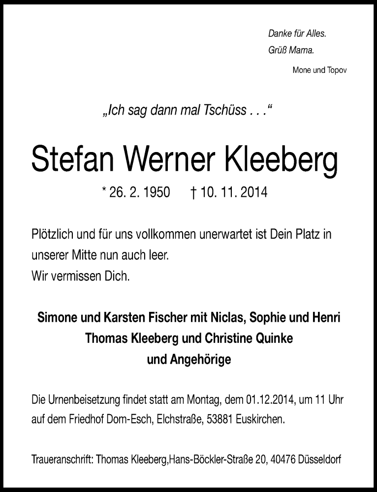  Traueranzeige für Stefan Werner Kleeberg vom 23.11.2014 aus  Blickpunkt Euskirchen 
