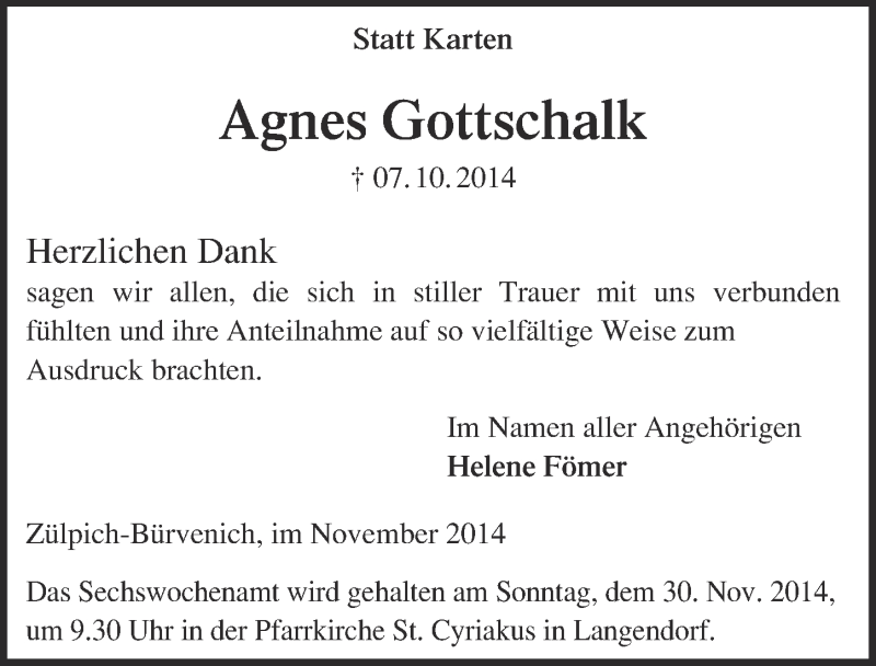  Traueranzeige für Agnes Gottschalk vom 23.11.2014 aus  Blickpunkt Euskirchen 