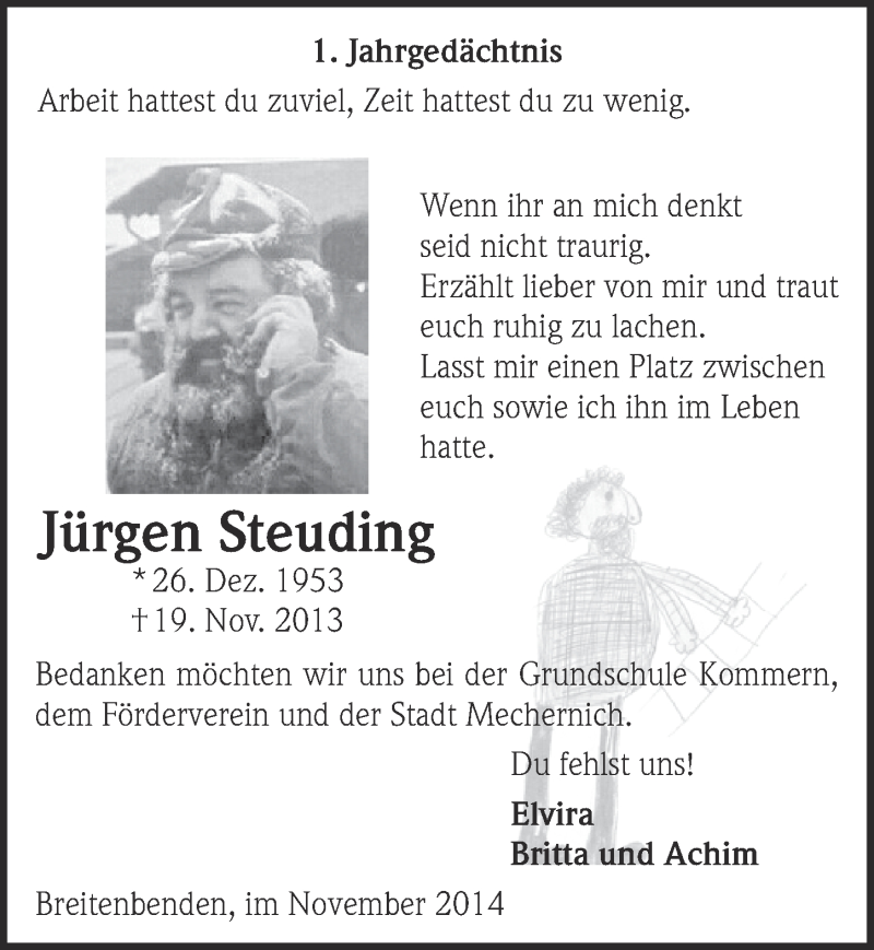  Traueranzeige für Jürgen Steuding vom 23.11.2014 aus  Blickpunkt Euskirchen 