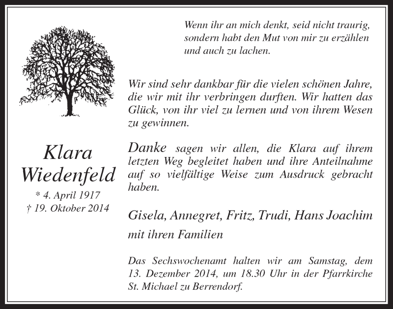  Traueranzeige für Klara Wiedenfeld vom 03.12.2014 aus  Werbepost 