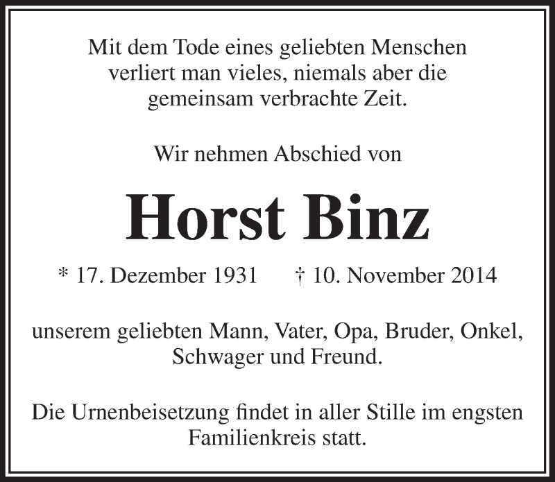  Traueranzeige für Horst Binz vom 26.11.2014 aus  Extra Blatt 
