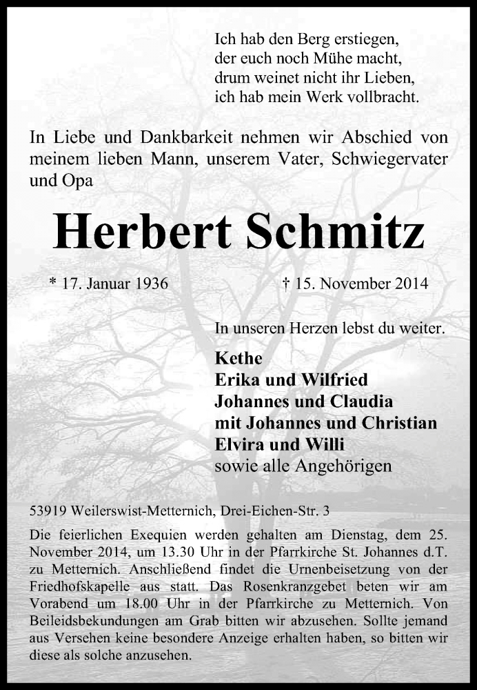  Traueranzeige für Herbert Schmitz vom 23.11.2014 aus  Blickpunkt Euskirchen 
