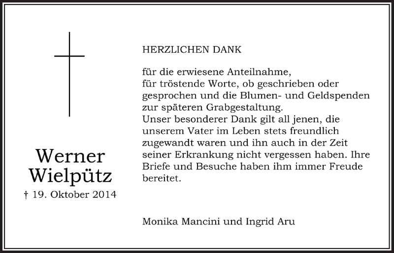  Traueranzeige für Werner Wielpütz vom 22.11.2014 aus  Bergisches Sonntagsblatt 