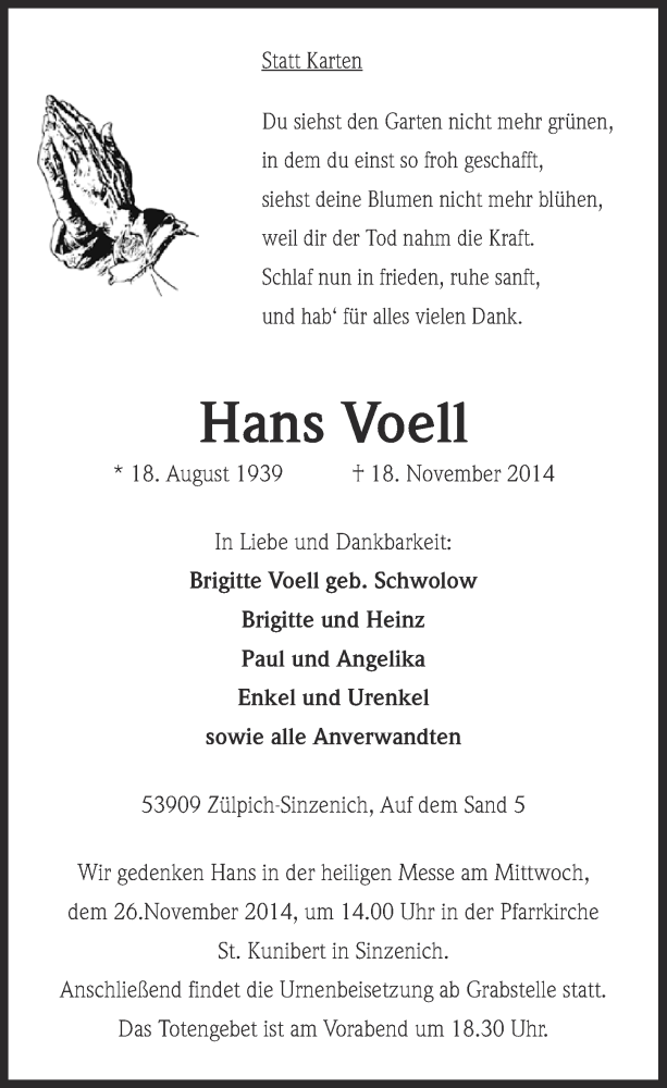  Traueranzeige für Hans Voell vom 23.11.2014 aus  Blickpunkt Euskirchen 