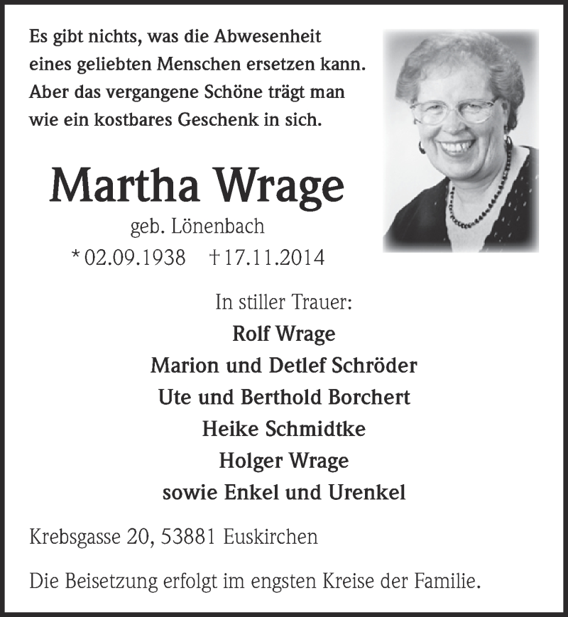  Traueranzeige für Martha Wrage vom 23.11.2014 aus  Blickpunkt Euskirchen 