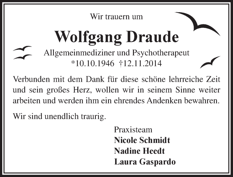  Traueranzeige für Wolfgang Draude vom 26.11.2014 aus  Anzeigen Echo 