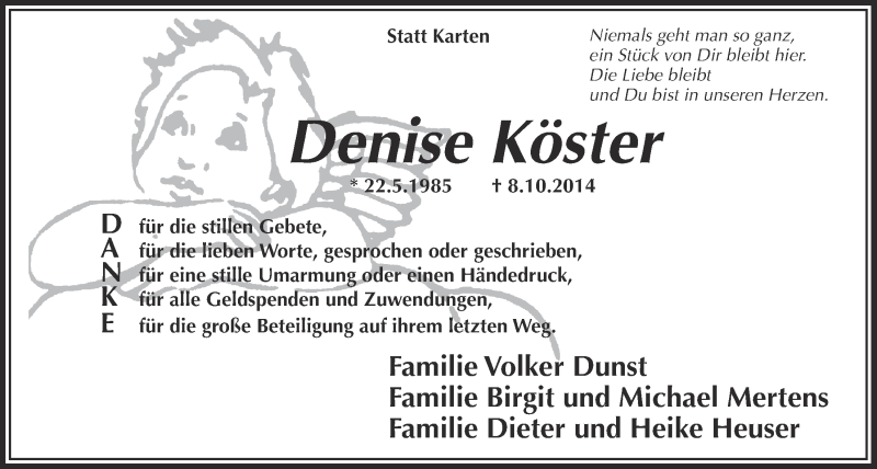  Traueranzeige für Denise Köster vom 26.11.2014 aus  Anzeigen Echo  Lokalanzeiger 