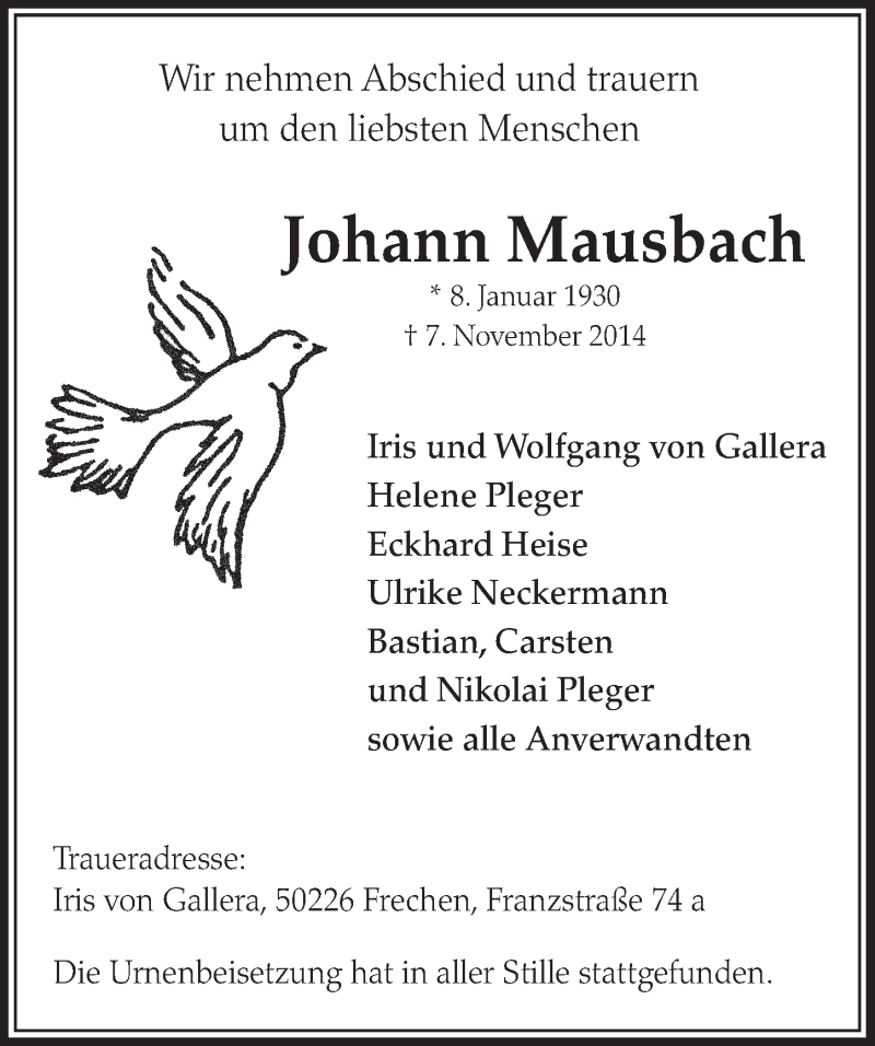  Traueranzeige für Johann Mausbach vom 22.11.2014 aus  Sonntags-Post 