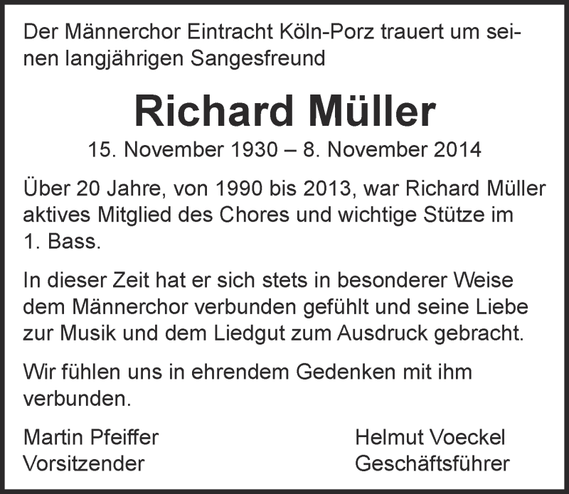  Traueranzeige für Richard Müller vom 26.11.2014 aus  Kölner Wochenspiegel 