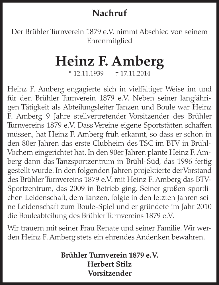  Traueranzeige für Heinz F. Amberg vom 26.11.2014 aus  Schlossbote/Werbekurier 