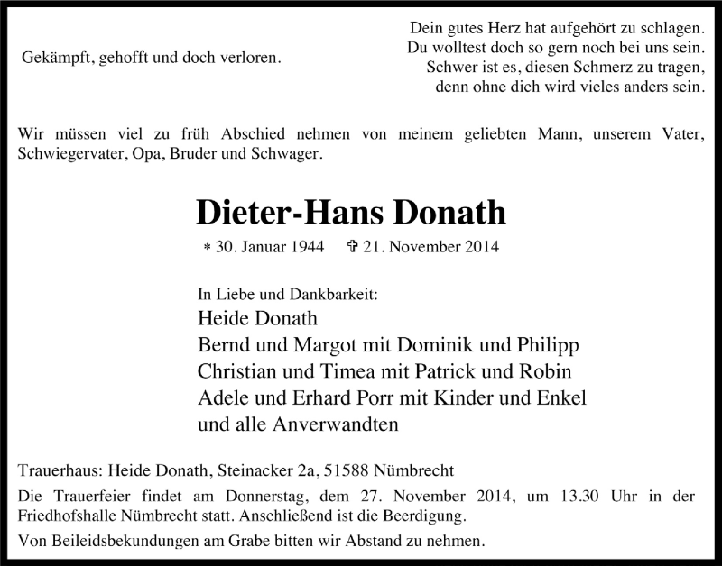  Traueranzeige für Dieter-Hans Donath vom 26.11.2014 aus  Lokalanzeiger 