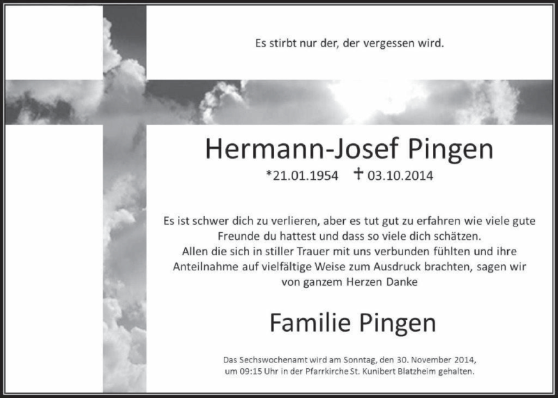  Traueranzeige für Hermann-Josef Pingen vom 26.11.2014 aus  Werbepost 