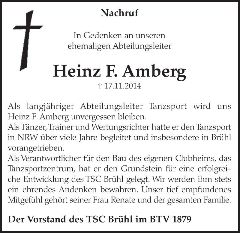  Traueranzeige für Heinz F. Amberg vom 26.11.2014 aus  Schlossbote/Werbekurier 