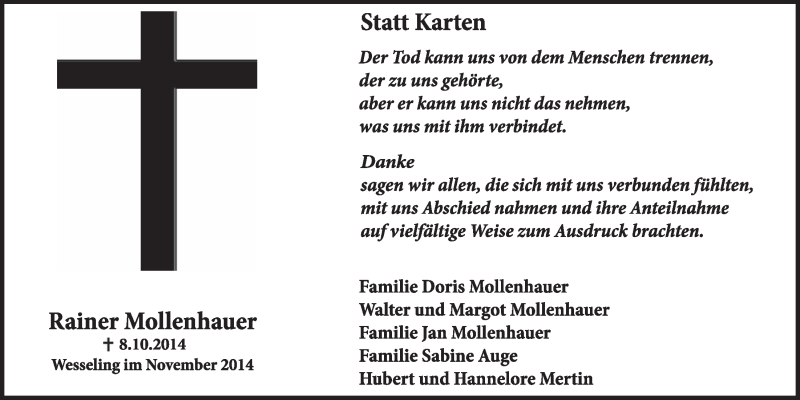  Traueranzeige für Rainer Mollenhauer vom 26.11.2014 aus  Schlossbote/Werbekurier 