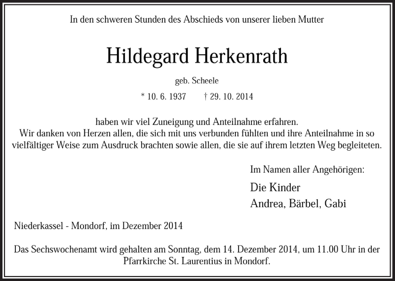  Traueranzeige für Hildegard Herkenrath vom 26.11.2014 aus  Extra Blatt 