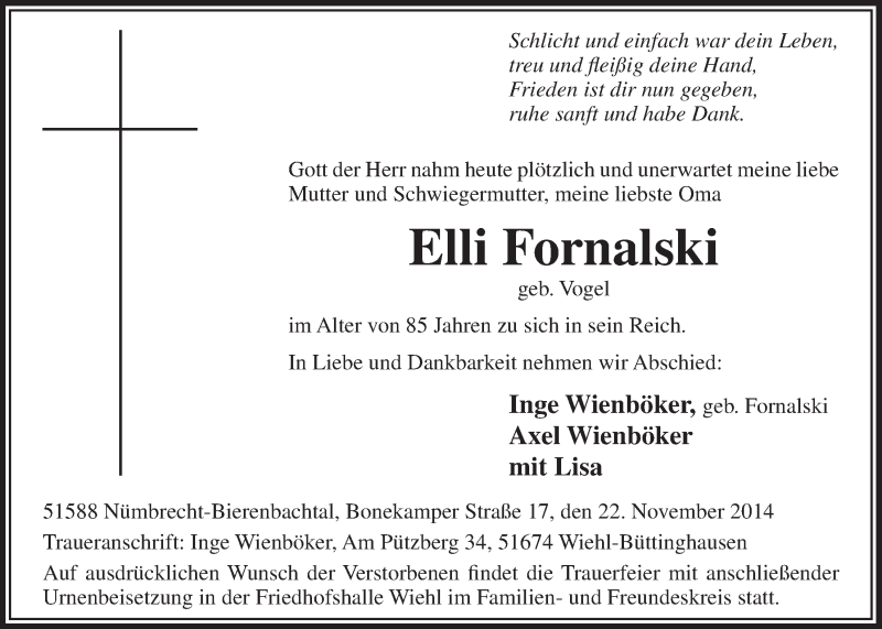  Traueranzeige für Elli Fornalski vom 26.11.2014 aus  Lokalanzeiger 