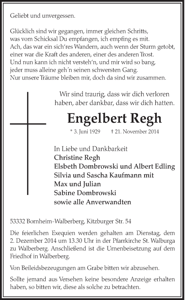  Traueranzeige für Engelbert Regh vom 26.11.2014 aus  Schlossbote/Werbekurier 