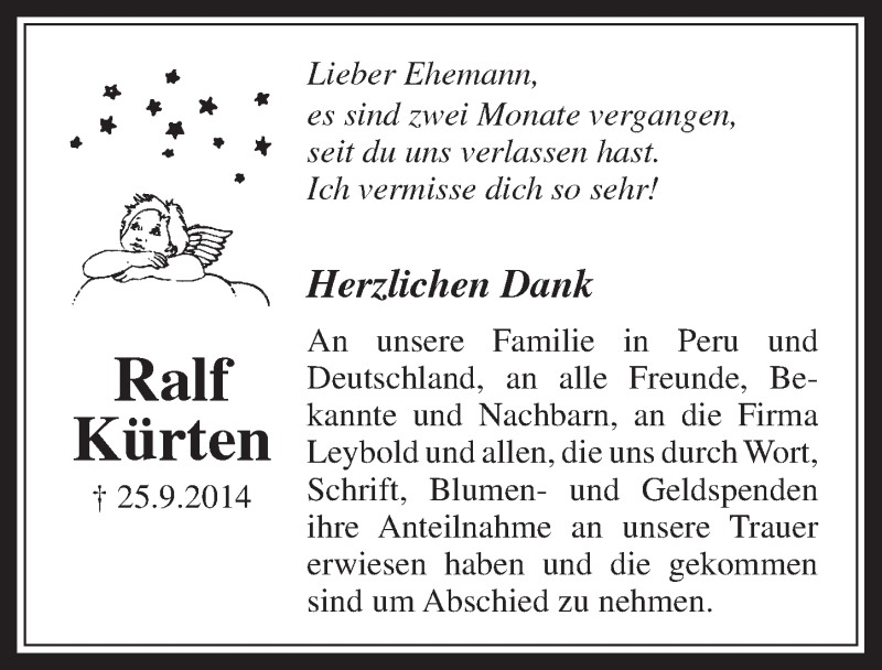  Traueranzeige für Ralf Kürten vom 26.11.2014 aus  Wochenende 