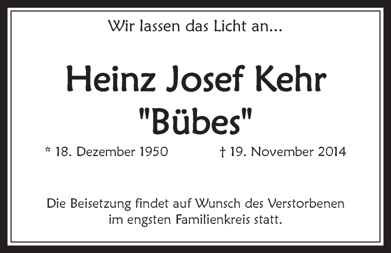  Traueranzeige für Heinz Josef Kehr vom 26.11.2014 aus  Schaufenster/Blickpunkt 