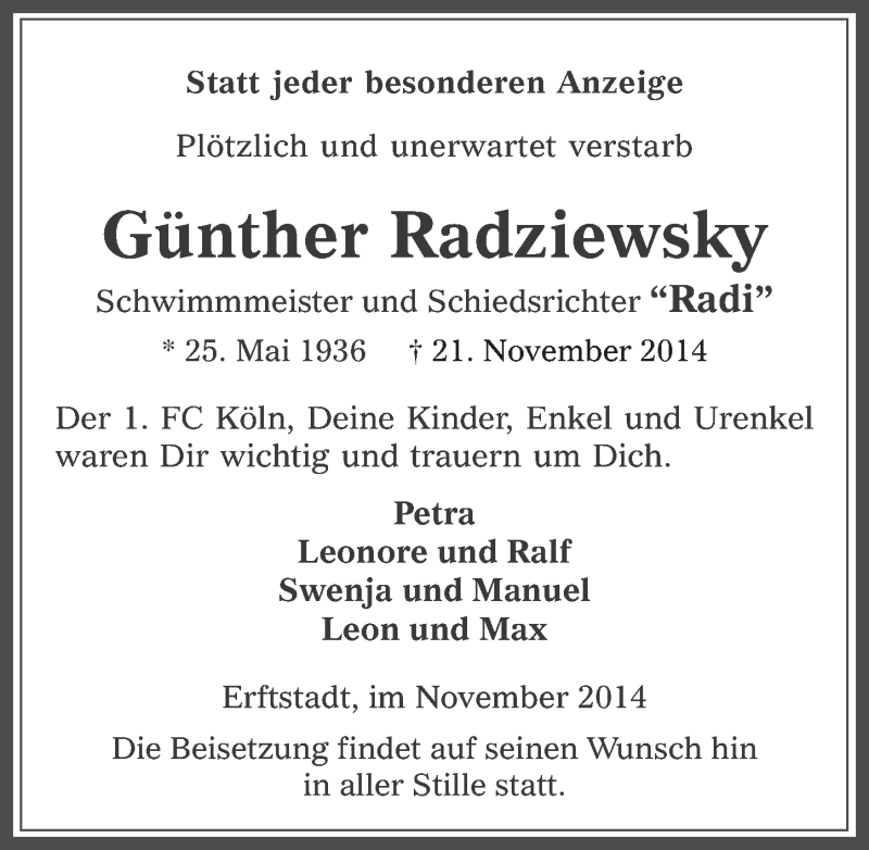  Traueranzeige für Günther Radziewsky vom 26.11.2014 aus  Werbepost 