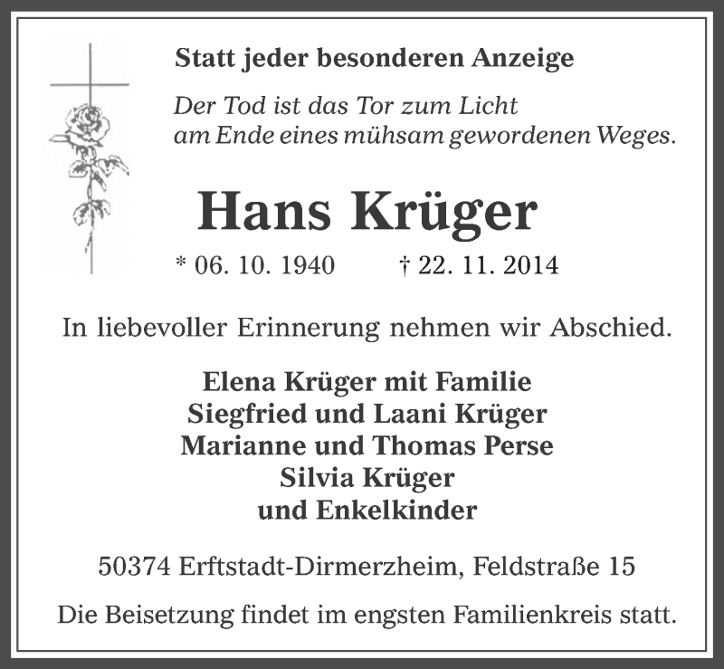  Traueranzeige für Hans Krüger vom 26.11.2014 aus  Werbepost 