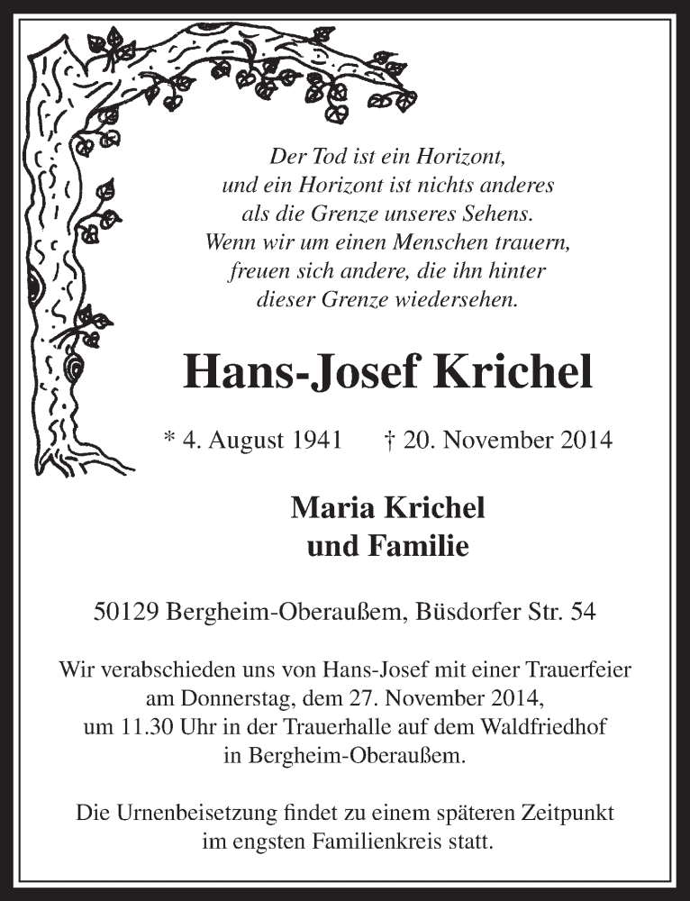  Traueranzeige für Hans-Josef Krichel vom 26.11.2014 aus  Werbepost 