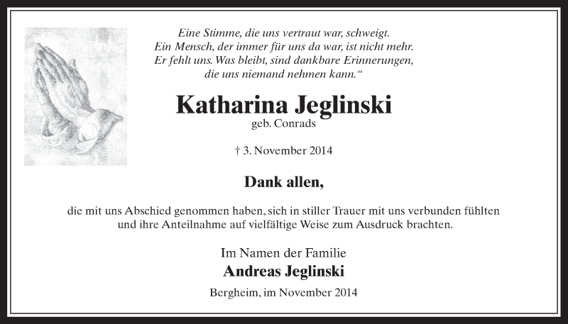  Traueranzeige für Katharina Jeglinski vom 26.11.2014 aus  Werbepost 