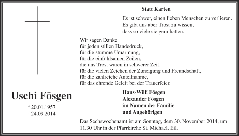  Traueranzeige für Uschi Fösgen vom 26.11.2014 aus  Kölner Wochenspiegel 