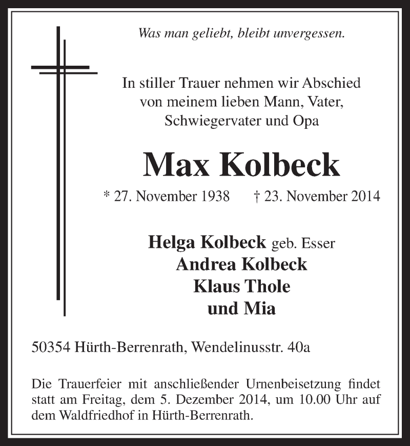  Traueranzeige für Max Kolbeck vom 26.11.2014 aus  Wochenende 