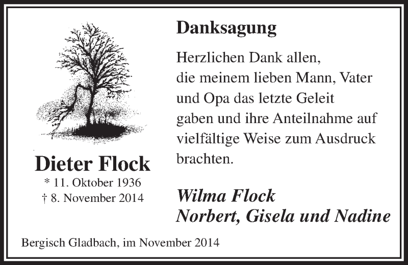  Traueranzeige für Dieter Flock vom 26.11.2014 aus  Bergisches Handelsblatt 