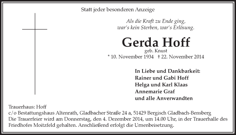  Traueranzeige für Gerda Hoff vom 26.11.2014 aus  Bergisches Handelsblatt 