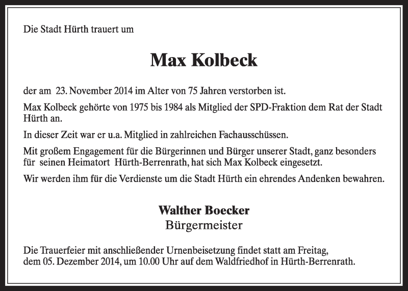  Traueranzeige für Max Kolbeck vom 29.11.2014 aus  Sonntags-Post 