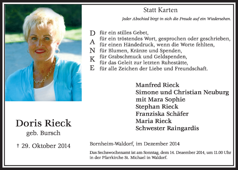  Traueranzeige für Doris Rieck vom 03.12.2014 aus  Schaufenster/Blickpunkt  Schlossbote/Werbekurier 