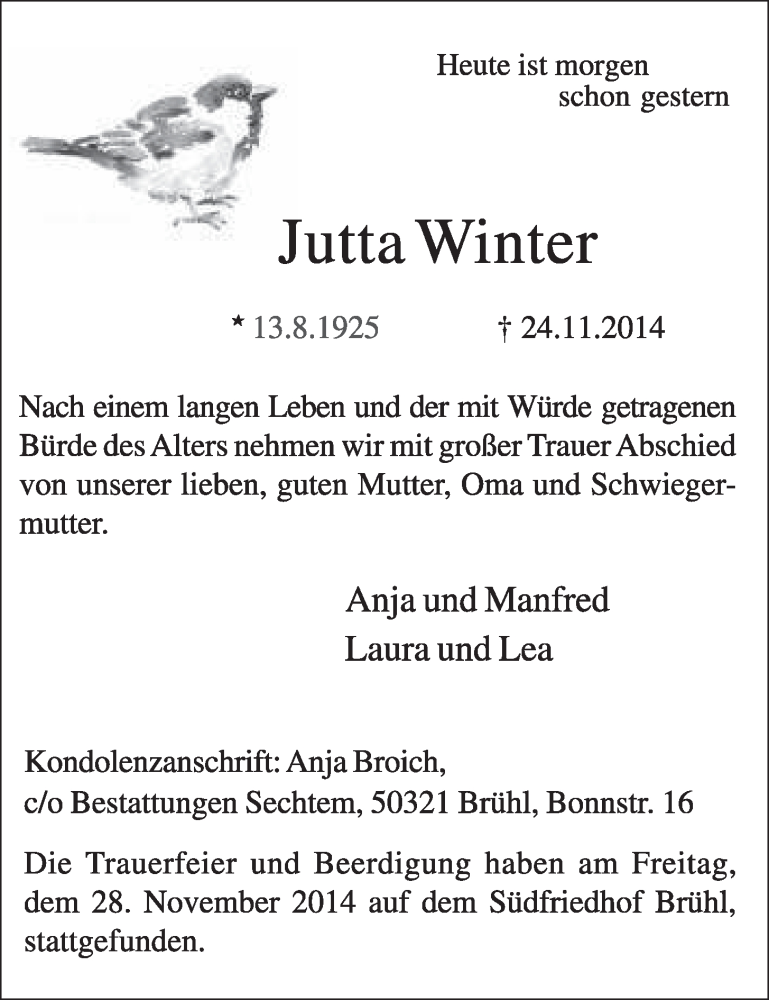  Traueranzeige für Jutta Winter vom 03.12.2014 aus  Schlossbote/Werbekurier 