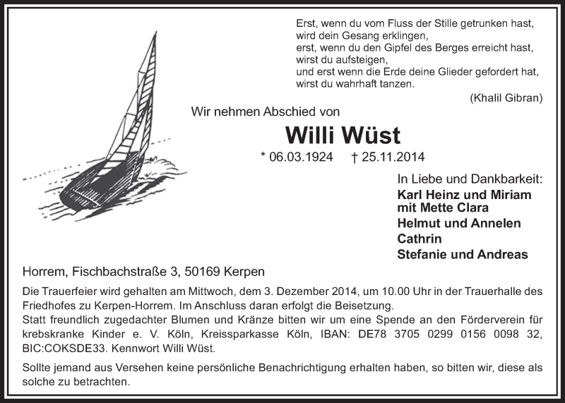 Traueranzeige für Willi Wüst vom 29.11.2014 aus  Sonntags-Post 