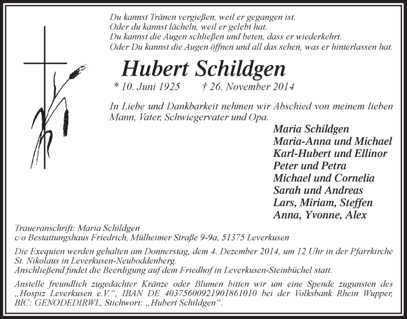  Traueranzeige für Hubert Schildgen vom 03.12.2014 aus  Lokale Informationen 