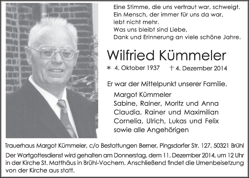  Traueranzeige für Wilfried Kümmeler vom 10.12.2014 aus  Schlossbote/Werbekurier 